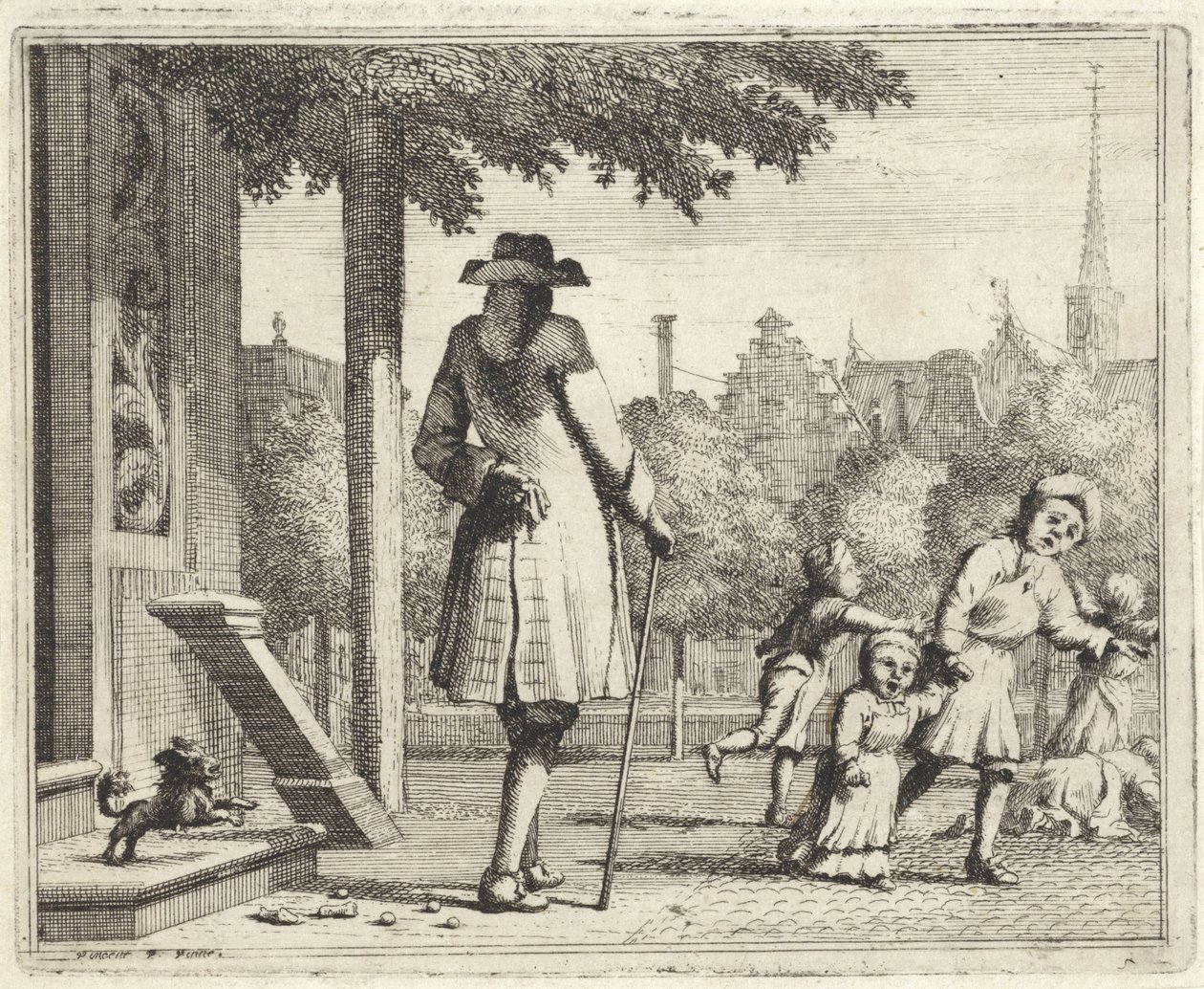 Chien aboyant à un homme dans une rue - Vincent Laurensz. van der Vinne (II)