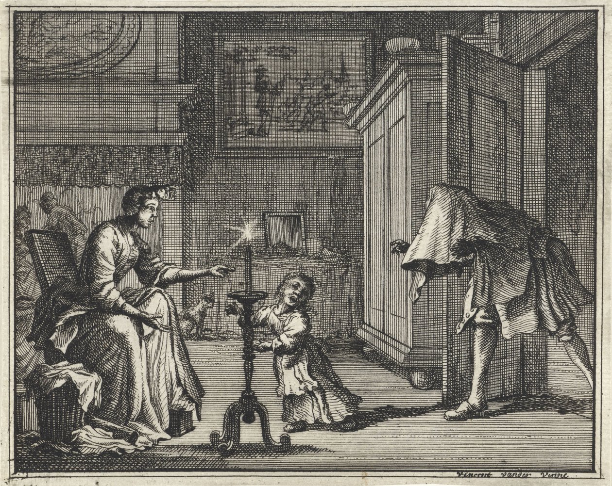 Un père effraie un enfant dans un intérieur - Vincent Laurensz. van der Vinne (II)
