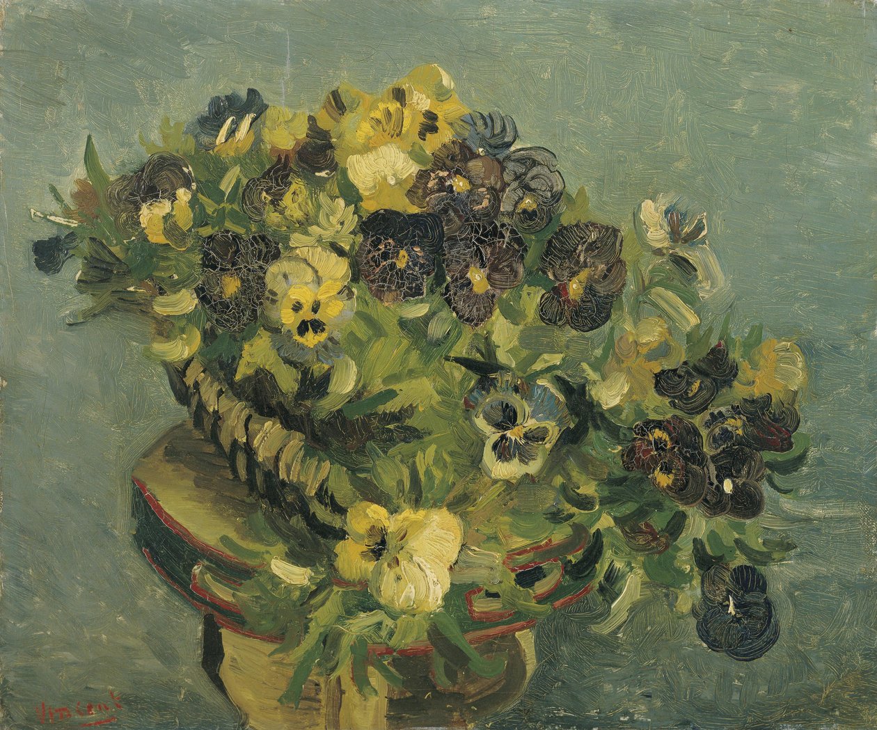 Un panier de pensées posé sur une petite table - Vincent van Gogh