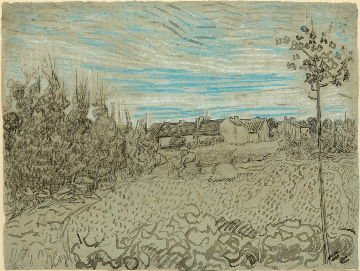 Chalets avec une femme travaillant en milieu de terrain - Vincent van Gogh
