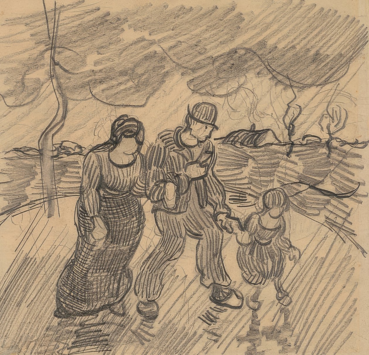 Couple avec enfant dans une rue sous la pluie - Vincent van Gogh