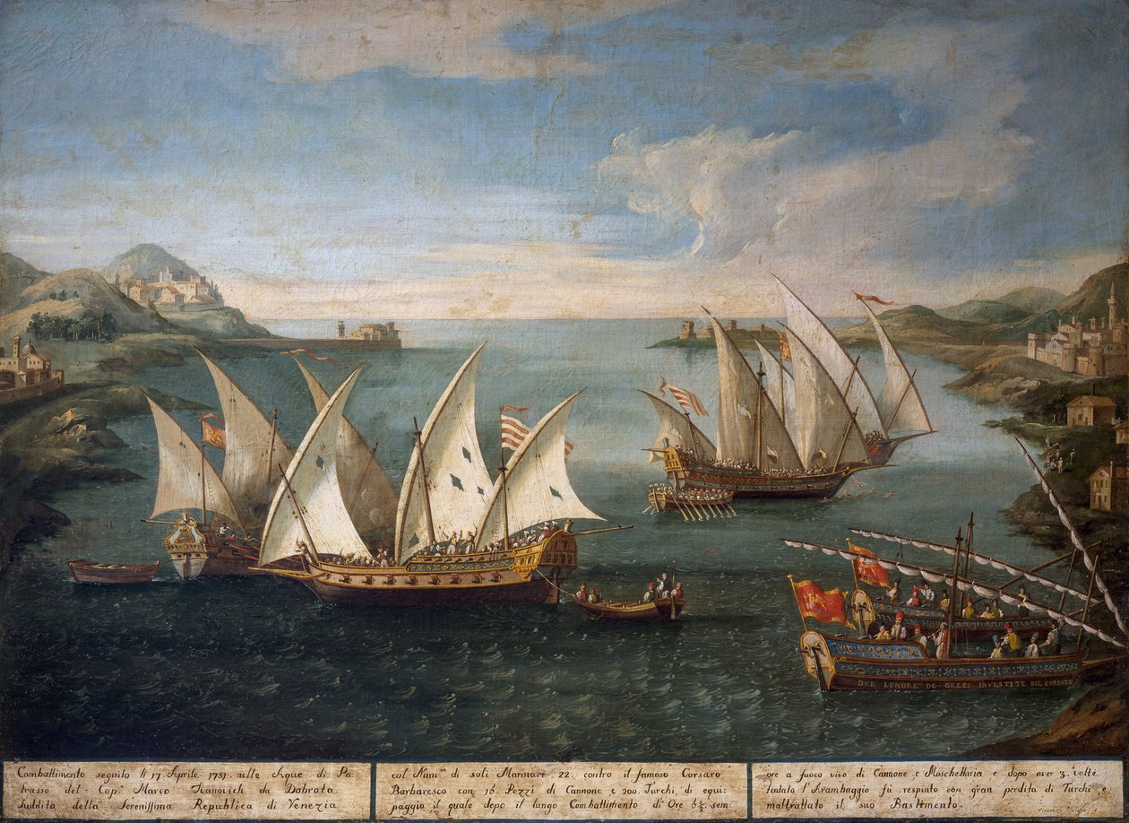 Bataille navale entre les navires vénitiens de Marco Ivanovich Dobrota et les navires turcs au large de Patras le 17 avril - Vincenzo Chilone