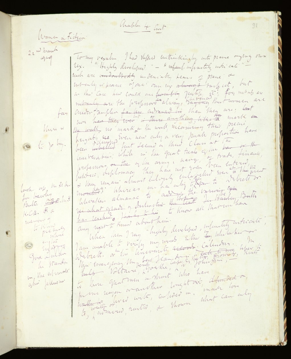 Ms 1-1942, p.91 Page de Women in Fiction, publié sous le titre Une chambre à soi, 1929 - Virginia Woolf