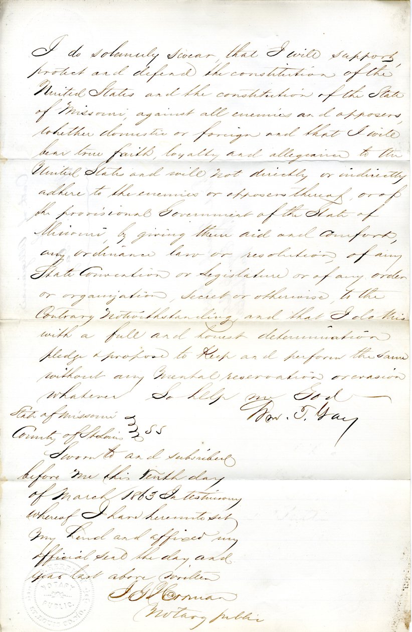 Serment de loyauté de Wm. T. Gay du Missouri, Comté de St. Louis - W.T. Gay