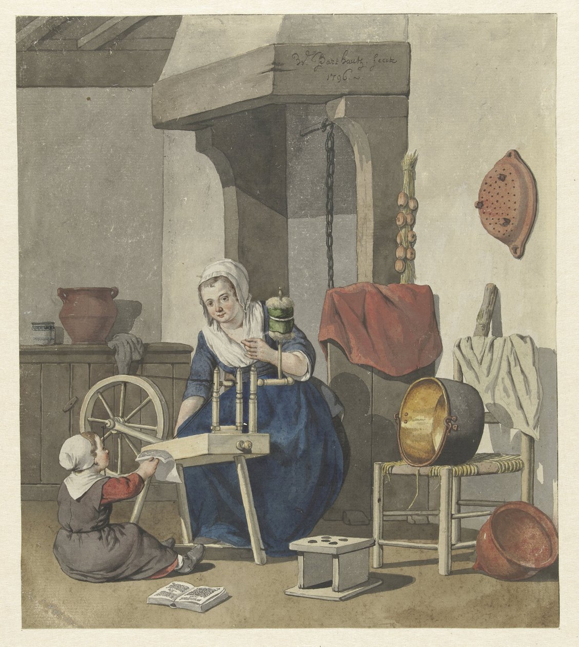 Intérieur avec une femme filant et un enfant - W. Barthautz