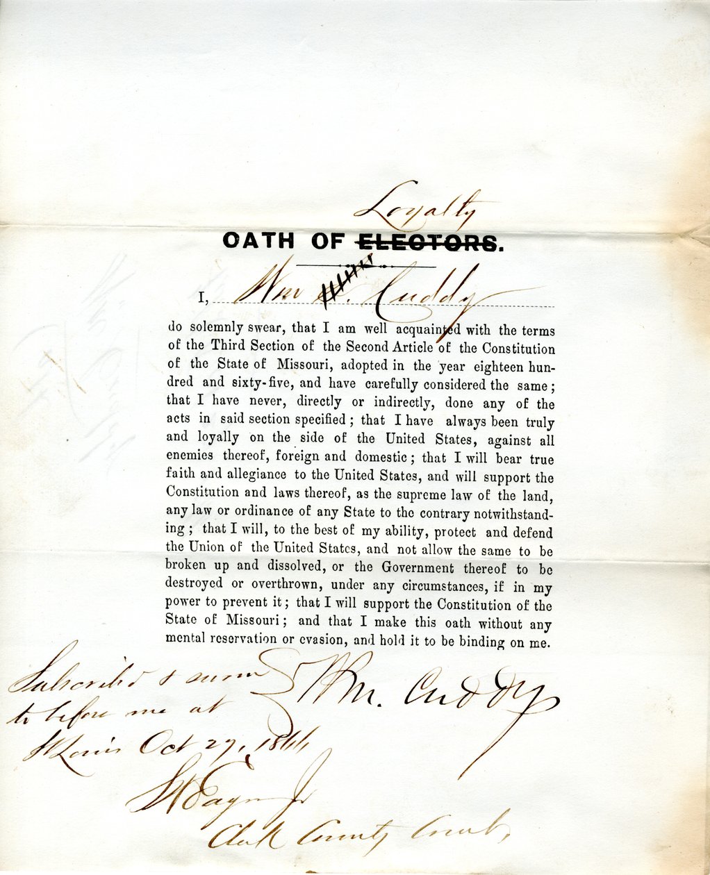 Serment de loyauté de Wm. Cuddy du Missouri, Comté de St. Louis - W. Cuddy