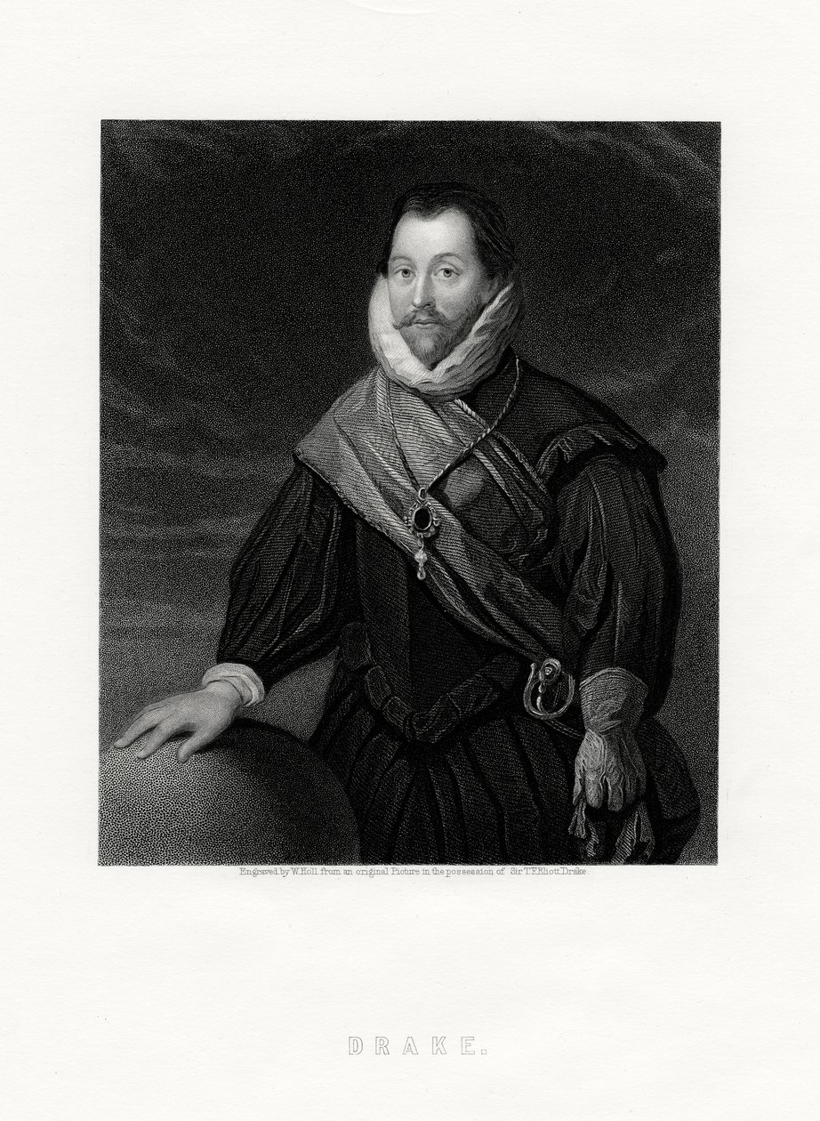 Sir Francis Drake, corsaire anglais, navigateur, pionnier naval, politicien, XIXe siècle - W. Holl