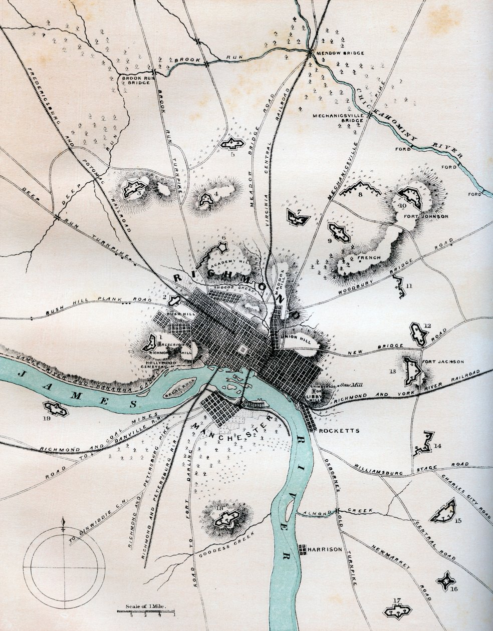 Carte de Richmond et de ses environs montrant toutes les batteries, 1862-1867 - W Kemble