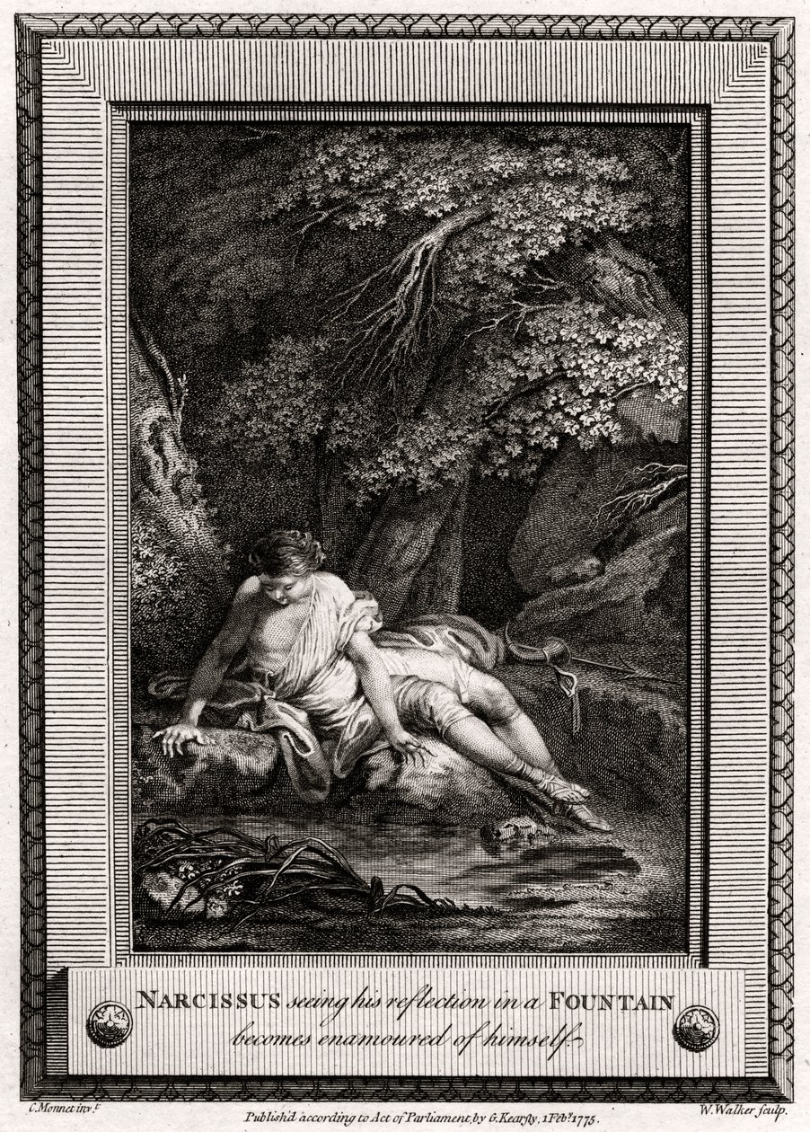 Narcisse voyant son reflet dans une fontaine devient amoureux de lui-même, 1775 - W. Walker