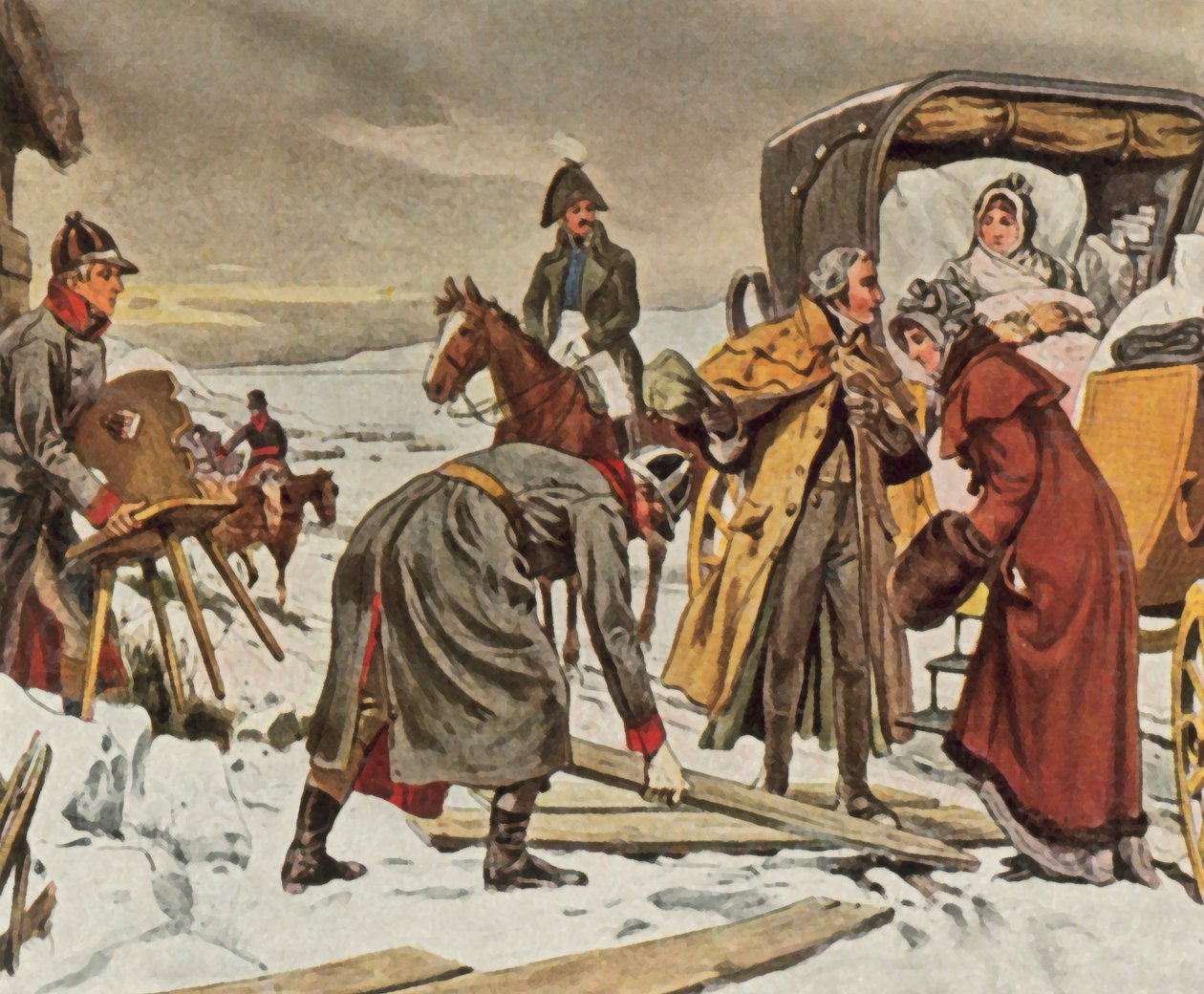 La reine Louise fuyant à Memel, 5 janvier 1807 (lithographie couleur agrandie) - Waldemar Friedrich