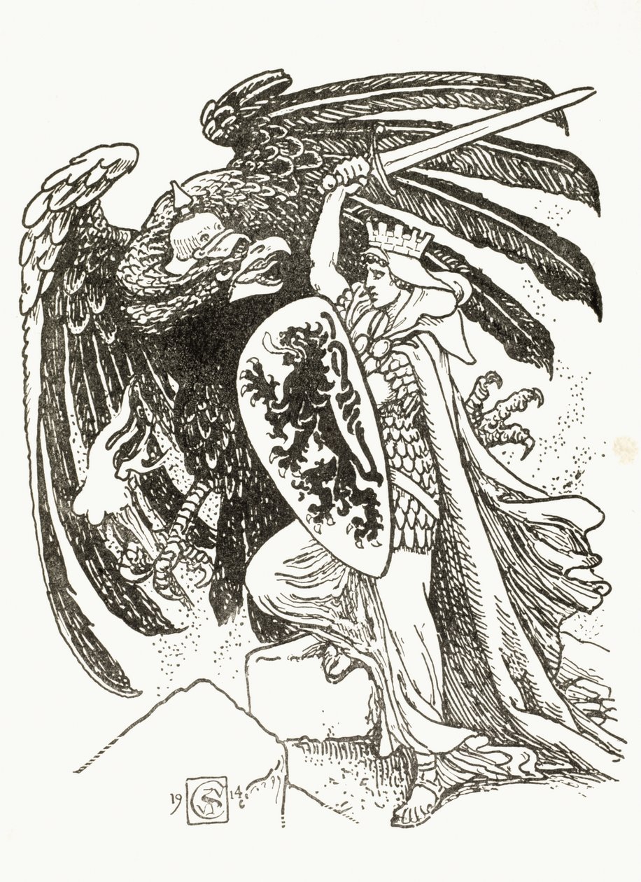 Un guerrier belge combattant un aigle allemand, 1915 - Walter Crane