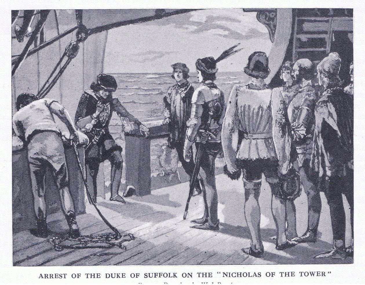 Arrestation du duc de Suffolk sur le Nicholas of the Tower, de Cassells History of the British People publié par la Waverley Book Company Limited, vers 1940 - Walter Paget