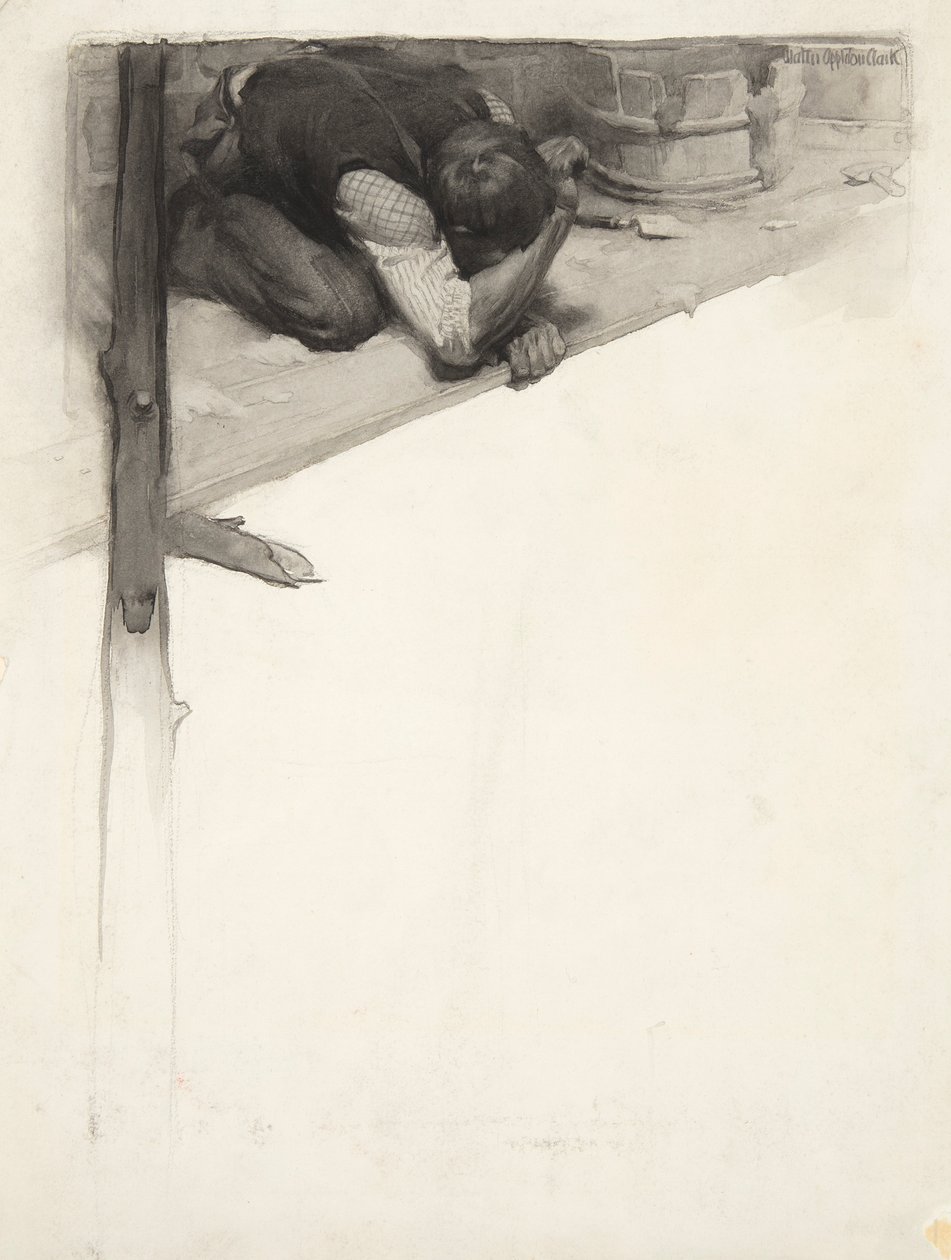 Vignette : Homme accroupi sur un échafaudage - Walter Appleton Clark