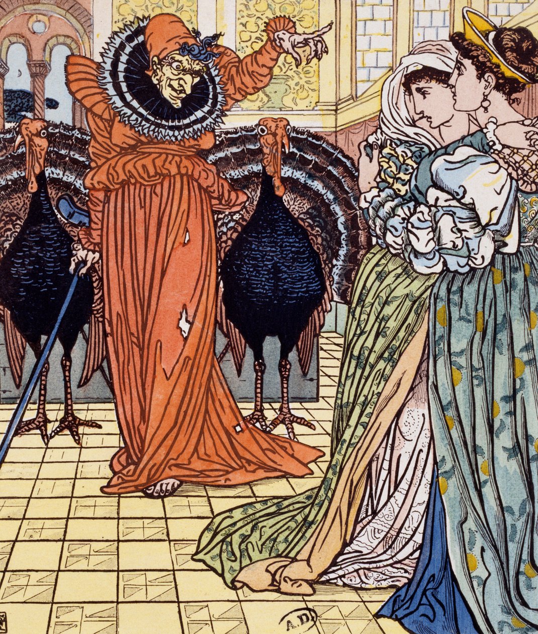 Apparition de sorcière accompagnée de deux paons, gravure d
