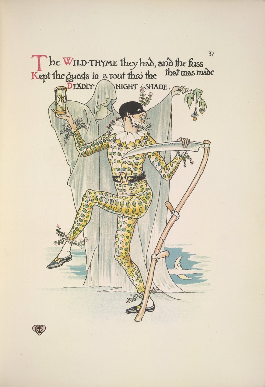 Belladone. Un homme portant un masque, un costume jaune et tenant un sablier et une faux - Walter Crane