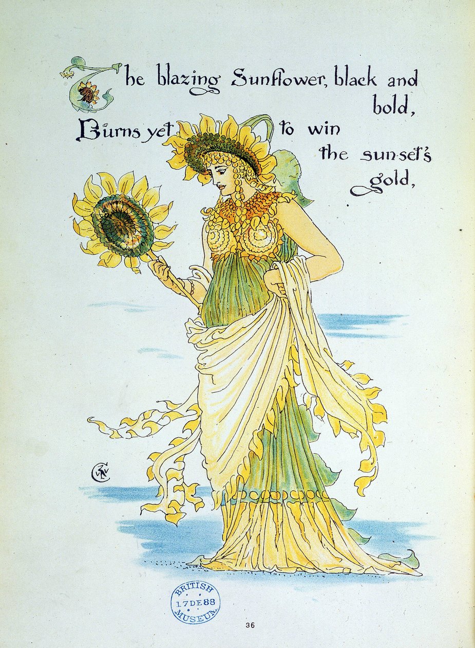 La fleur de tournesol personnifiée dans une jeune femme vêtue de jaune et de vert - Walter Crane