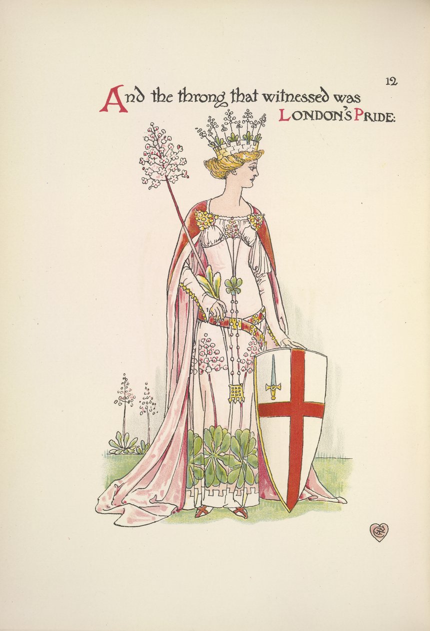 La Fierté de Londres. Une jeune femme tenant un bouclier avec la croix de Saint-Georges - Walter Crane