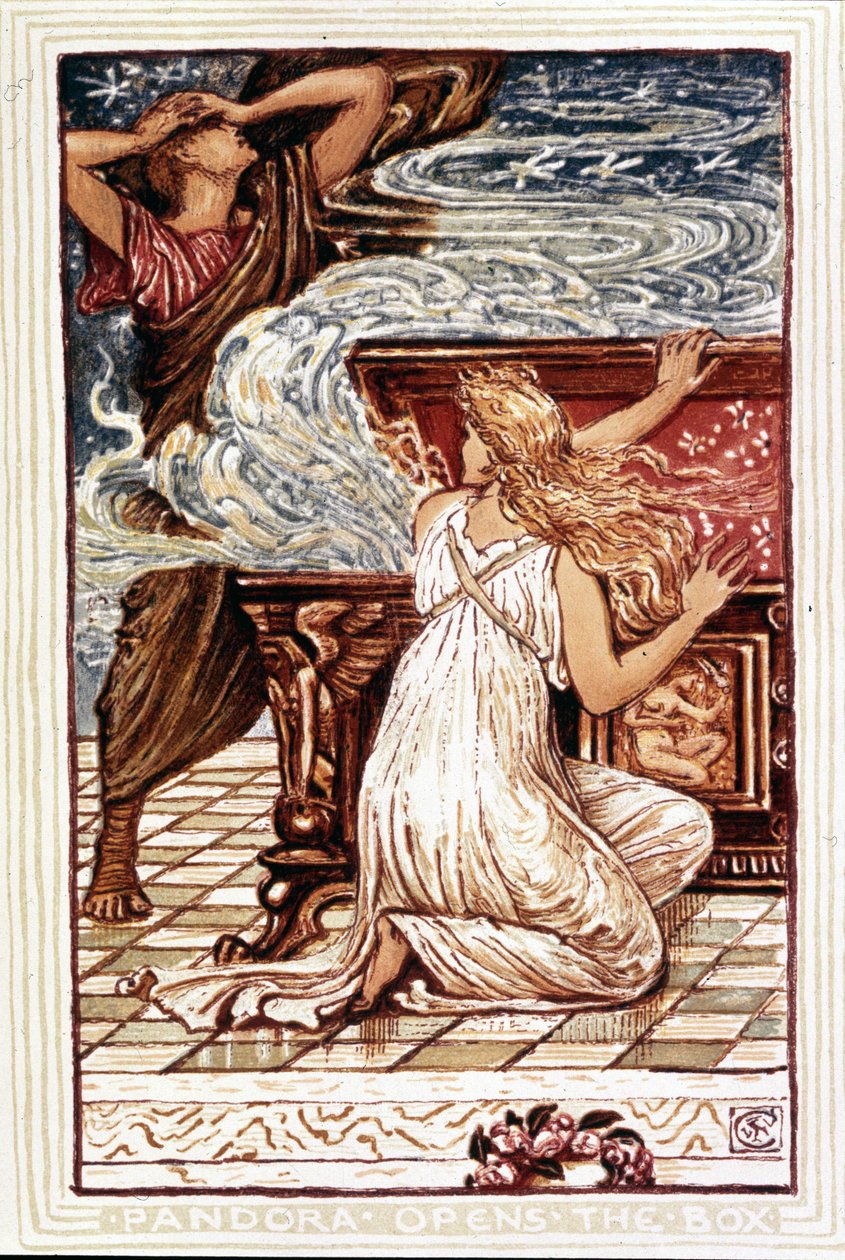 Pandore ouvrant la boîte. Illustration de Walter Crane pour « Wonder book for girls and boys », Londres 1893. - Walter Crane