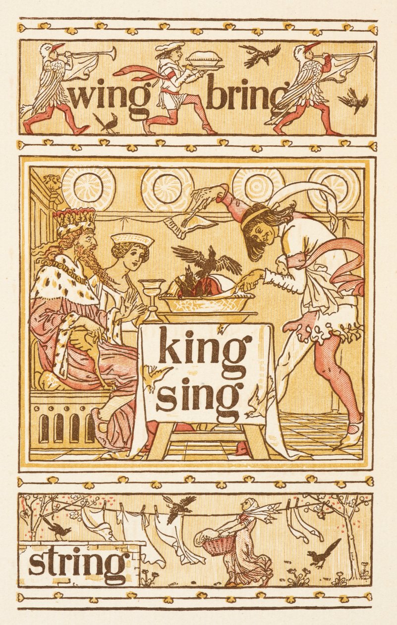 Mots rimant se terminant par la lettre G. Merles dans une tarte. Une corde à linge. Le primer doré - Walter Crane