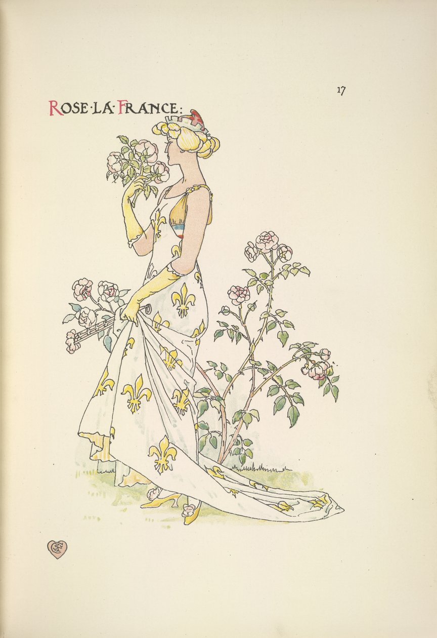 Rose La France. Une jeune femme sentant un bouquet de fleurs - Walter Crane