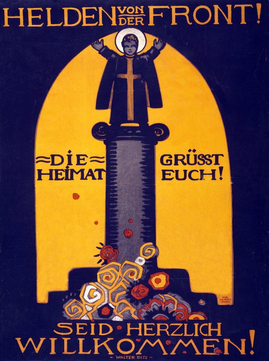Affiche allemande de la Première Guerre mondiale Héros du front, la patrie vous salue ! Bienvenue pub. 1915 - Walter Ditz