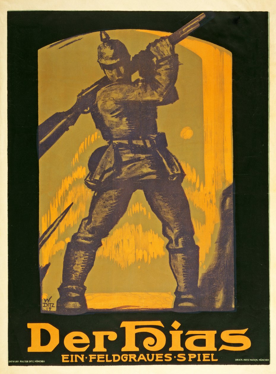 Affiche publicitaire pour une pièce Der Hias, ein feldgraues Spiel par Heinrich Gilardone, publiée en 1917 - Walter Ditz