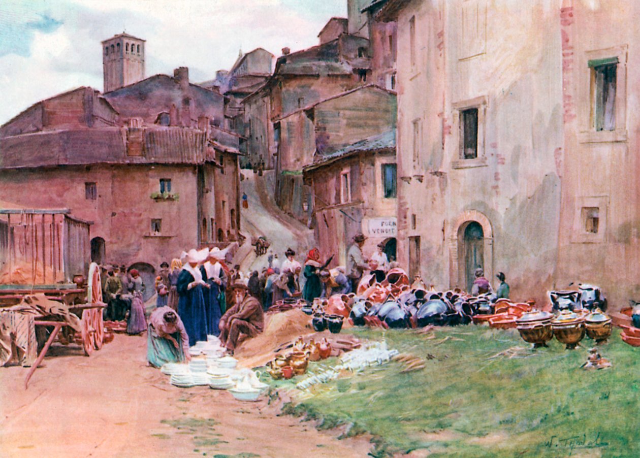 Un marché aux casseroles à Assise (lithographie couleur) - Walter Frederick Roofe Tyndale