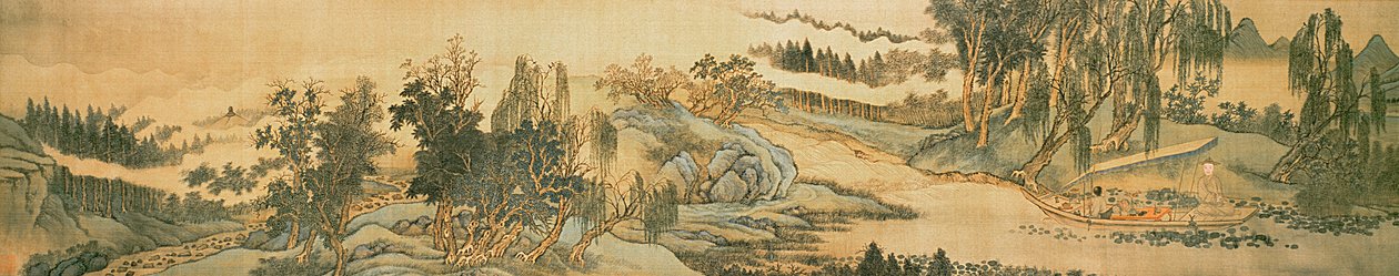 Rouleau de main représentant un paysage avec le poème colophon, Pêche dans le ruisseau de saule, chinois, 1706 - Wang Hui