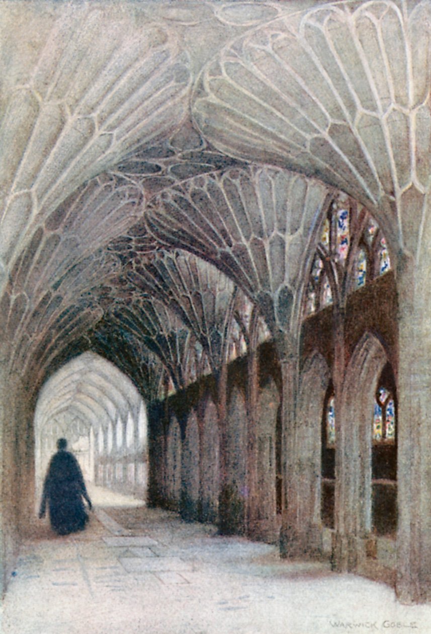 Cloître et Lavatorium, Cathédrale de Gloucester (lithographie couleur) - Warwick (after) Goble