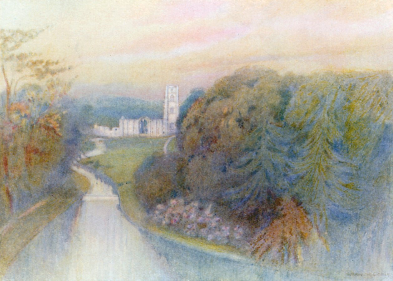 Abbaye de Fountains : La "Vue surprise" (lithographie couleur) - Warwick (after) Goble