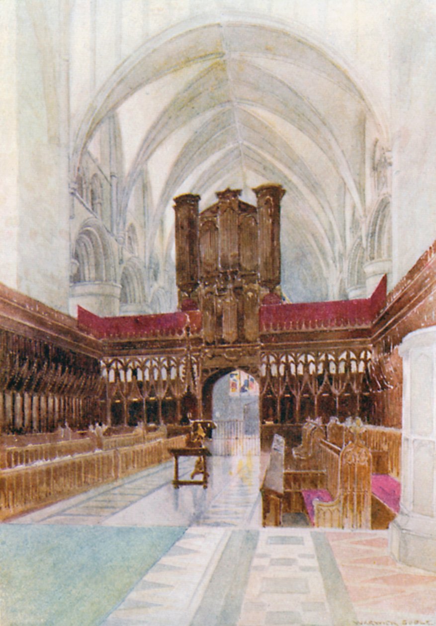 Cathédrale de Gloucester : Le chœur (lithographie couleur) - Warwick (after) Goble