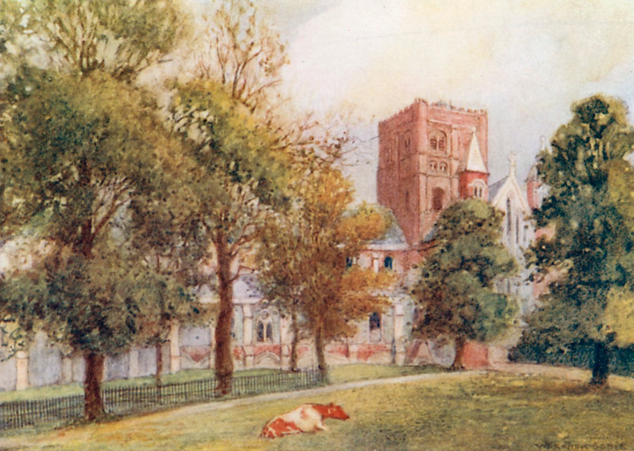 Cathédrale de St Albans : La tour normande (lithographie couleur) - Warwick (after) Goble