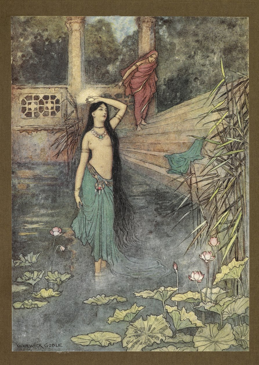 Frontispice: "Elle sortit en courant du palais... et arriva dans le monde supérieur." de Folk-Tales of Bengal ... Avec 32 illustrations en couleur par Warwick Goble (Edition de luxe) - Warwick Goble