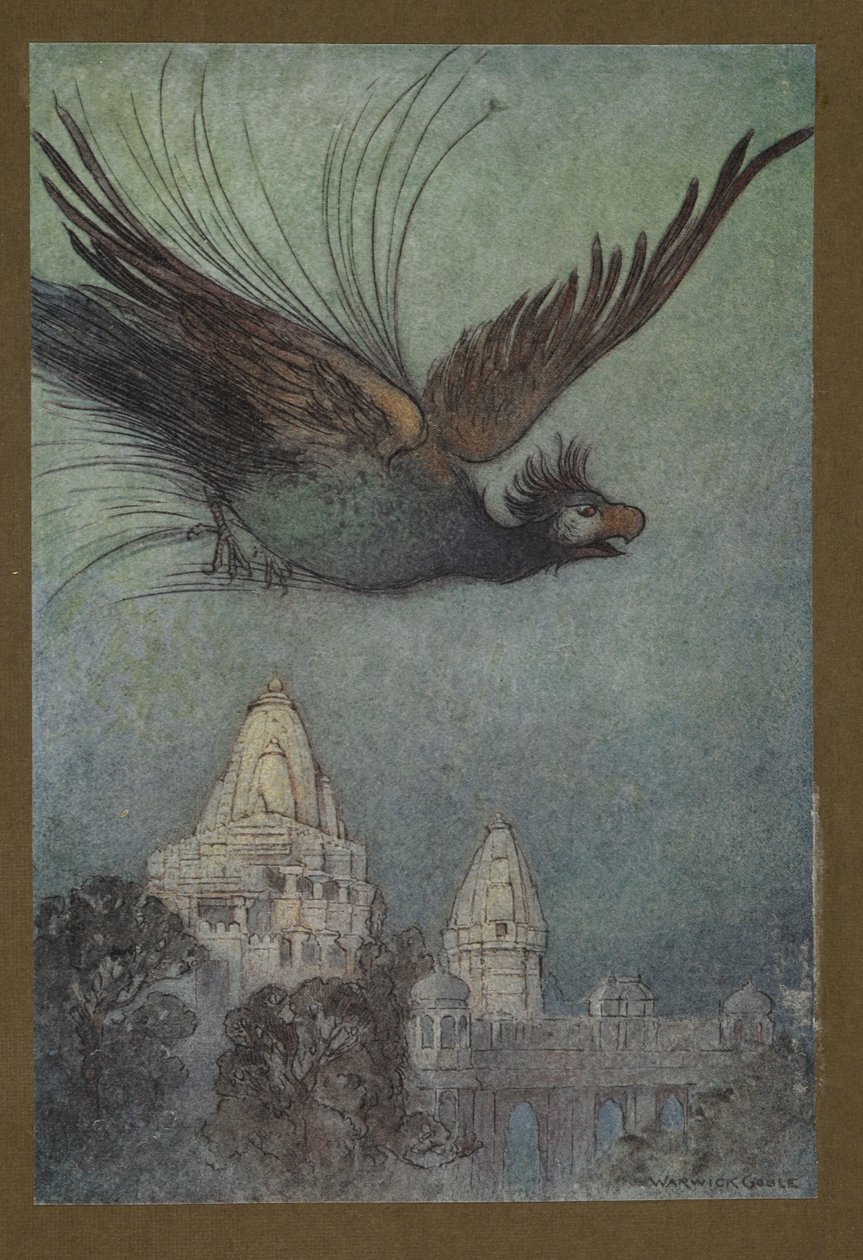 Planche 10: "Un oiseau monstrueux sort apparemment du palais", de Folk-Tales of Bengal ... Avec 32 illustrations en couleur par Warwick Goble (Edition de luxe.) 1914 - Warwick Goble