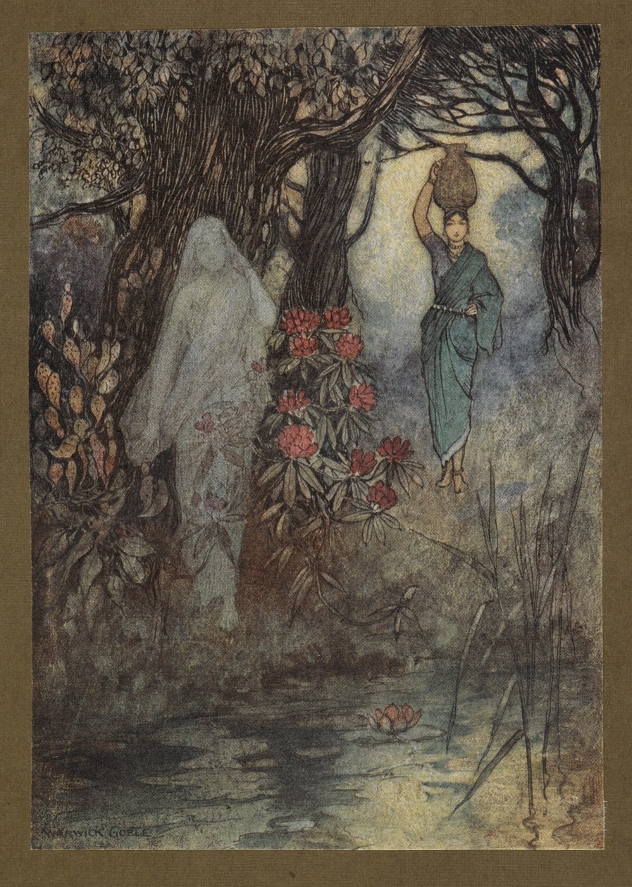 "La femme du Brahmane devait aller au réservoir, et en y allant, elle fut frôlée par une Sankchinni", de Folk-Tales of Bengal ... Avec 32 illustrations en couleur par Warwick Goble (Edition de luxe) - Warwick Goble