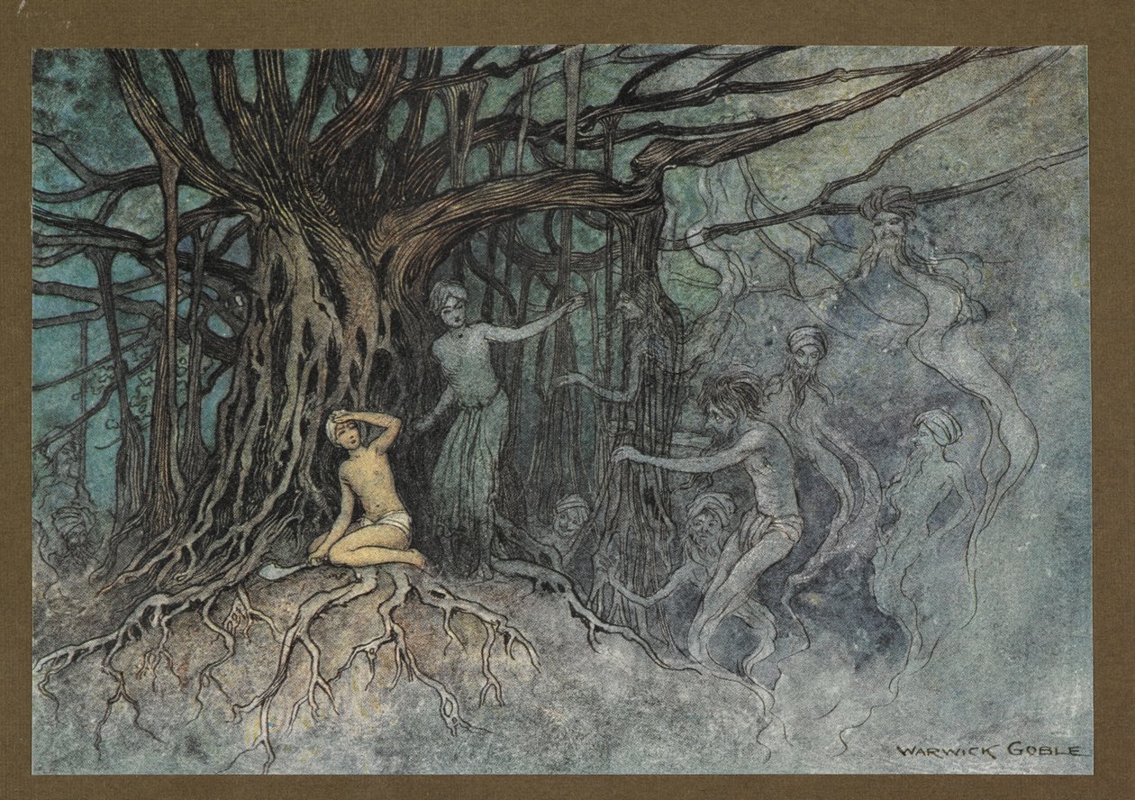 "Au moment où le premier coup fut donné, de nombreux fantômes se précipitèrent vers le Brahmane", de "Folk-Tales of Bengal ... Avec 32 illustrations en couleur par Warwick Goble (Edition de luxe) - Warwick Goble