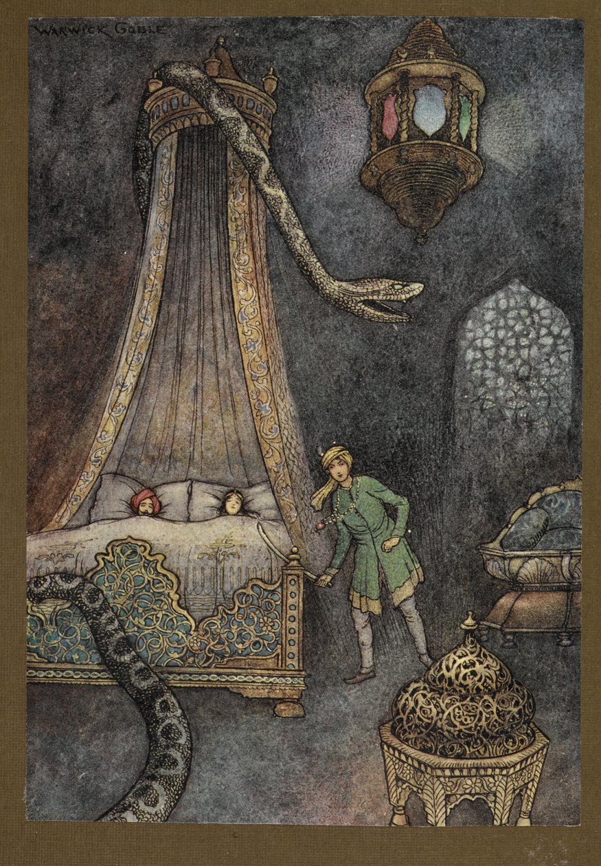 "Il sortit de sa cachette et tua le serpent", de Folk-Tales of Bengal ... Avec 32 illustrations en couleur par Warwick Goble (Edition de luxe) - Warwick Goble