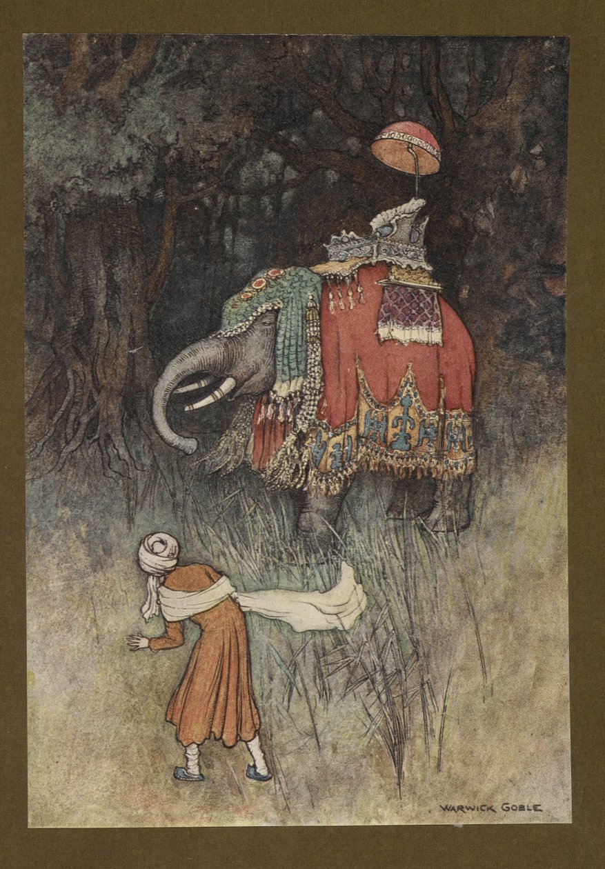 Planche 8: "Soudain, un éléphant richement caparaçonné traversa son chemin", de Folk-Tales of Bengal ... Avec 32 illustrations en couleur par Warwick Goble (Edition de luxe) - Warwick Goble