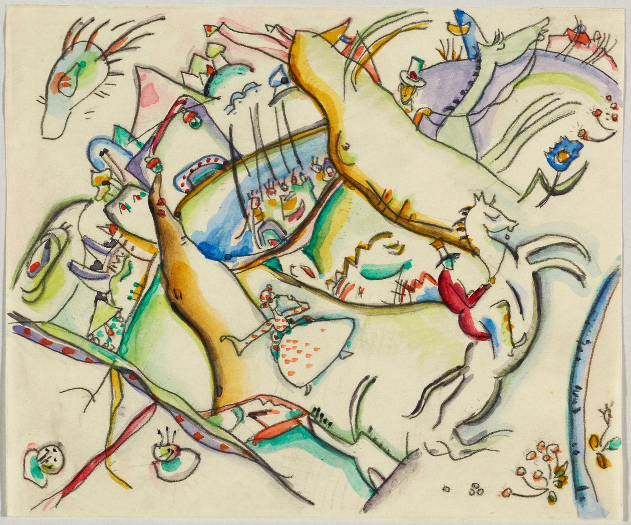 Aquarelle pour Gravure III; Paysage avec cavaliers - Wassily Kandinsky