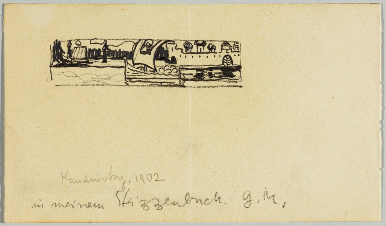 Paysage fluvial avec bateau et ville fortifiée - Wassily Kandinsky