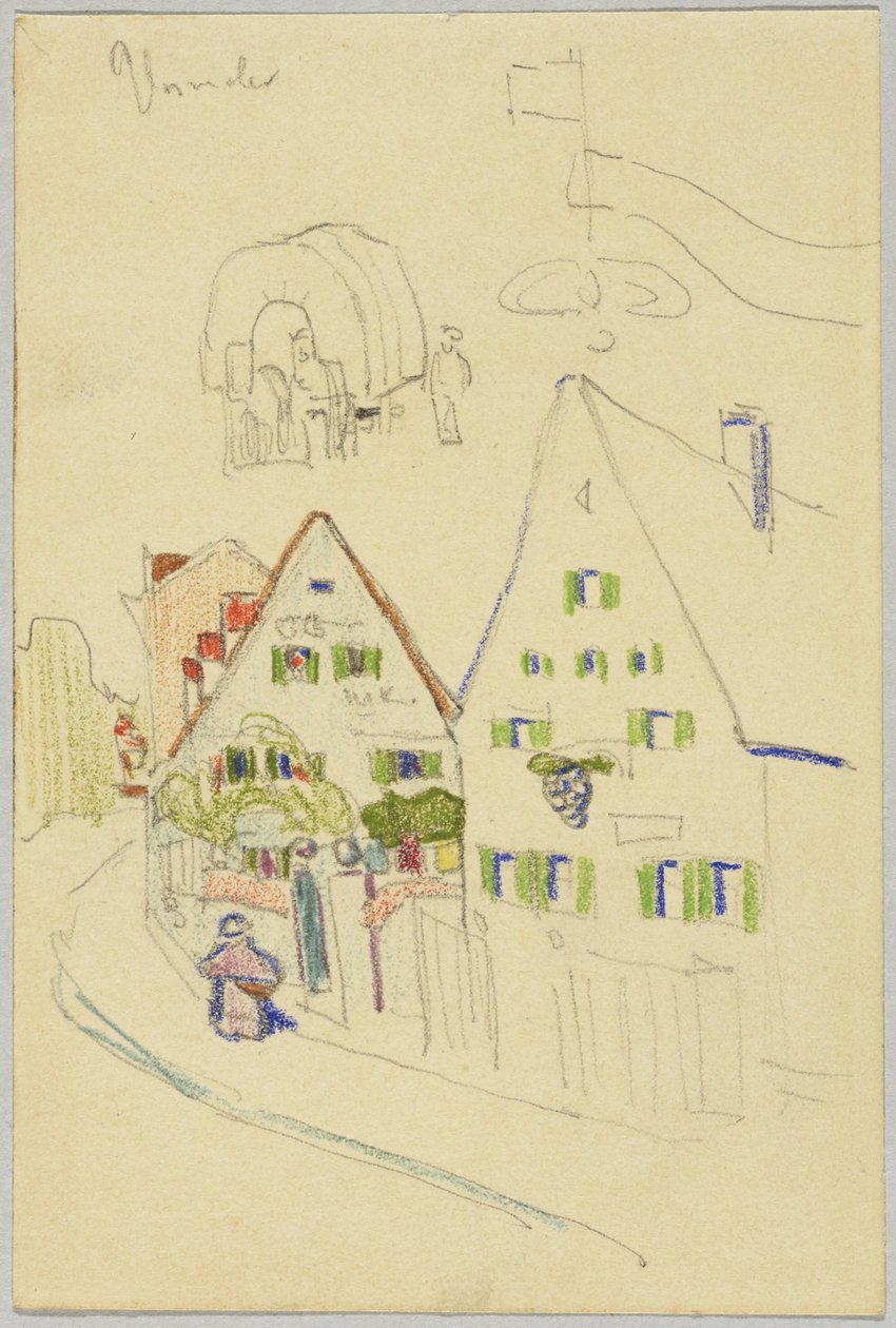 Ruelle avec maisons à toit en selle et chariot bâché, verso : Vue d