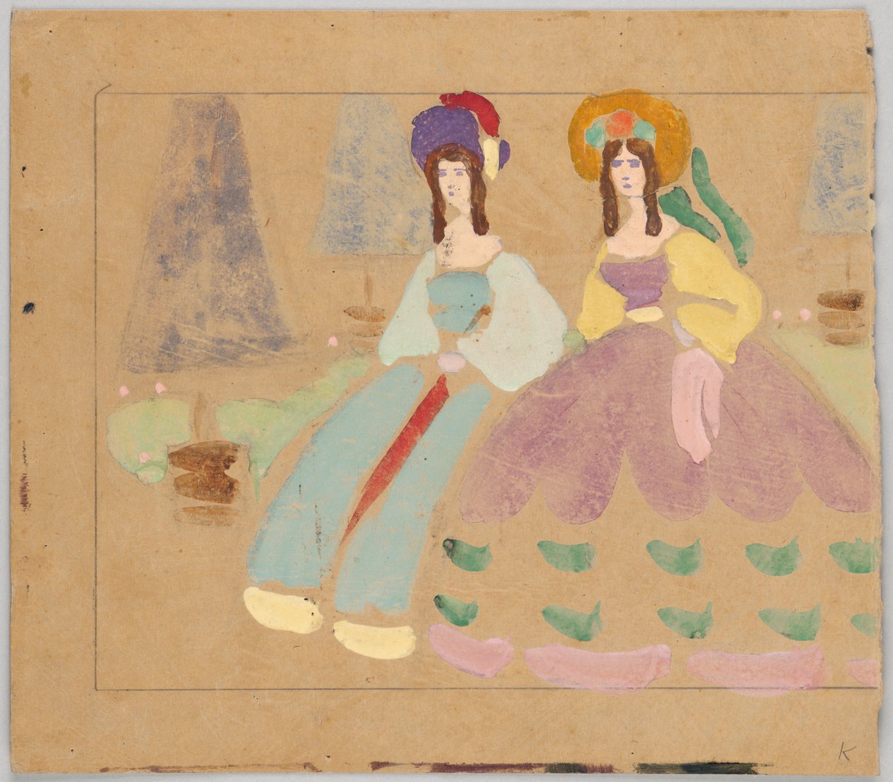 Deux dames en jupes à cerceaux devant des arbres taillés en pot (cf. GMS 263) (GMS 620 correspond à la moitié gauche - Wassily Kandinsky