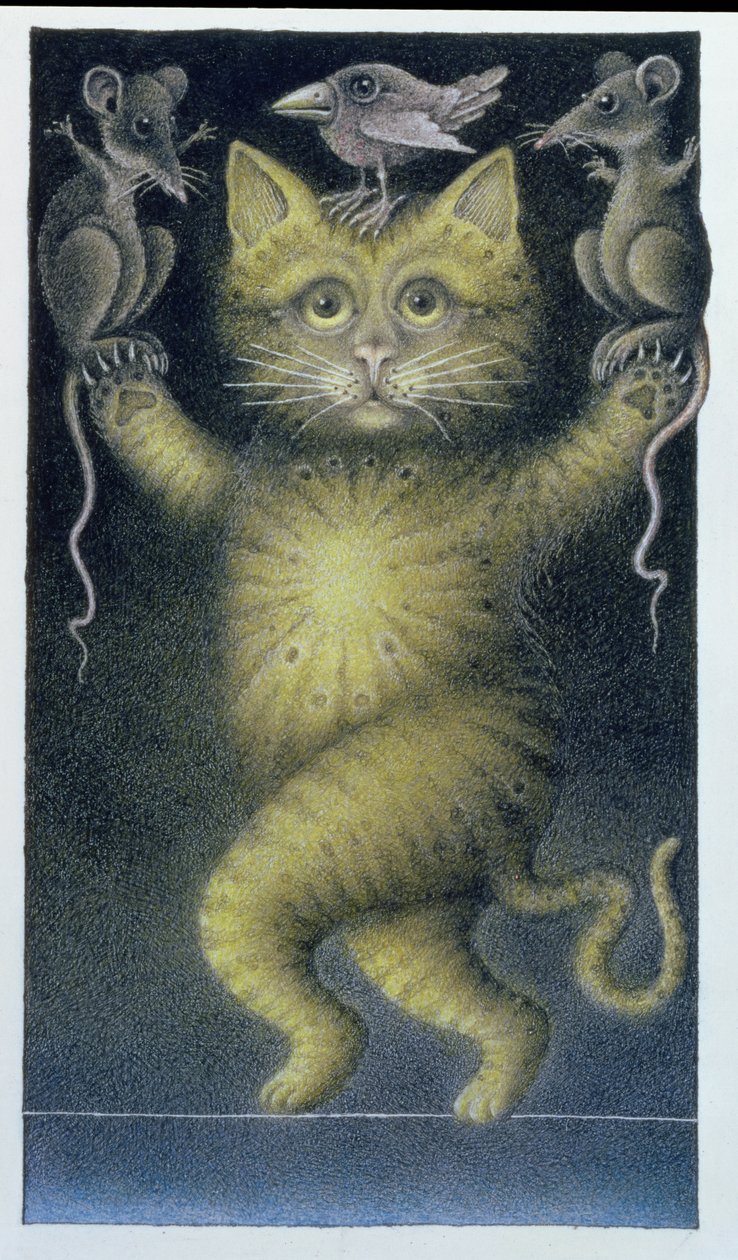 Cat on a Tightrope, balancing with Bird and Mice (crayon et crayon de couleur sur papier) - Wayne Anderson