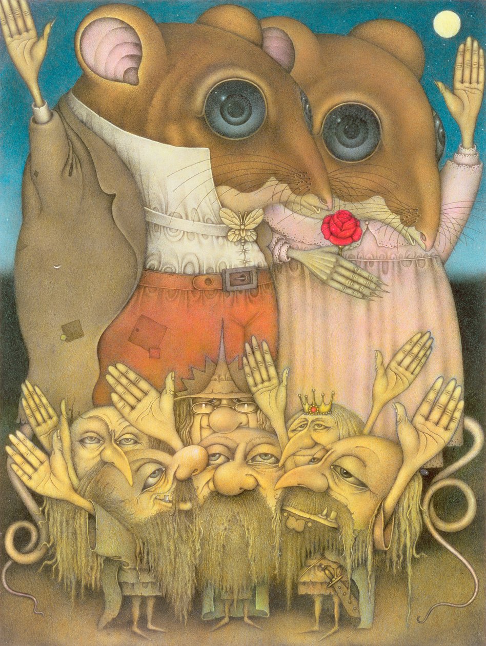 Couple de souris et nains faisant un signe de la main (crayon et crayon de couleur sur papier) - Wayne Anderson