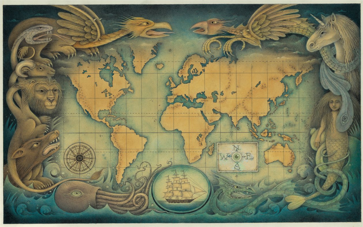 La carte du monde des créatures fantastiques, 2008 (technique mixte sur carton d