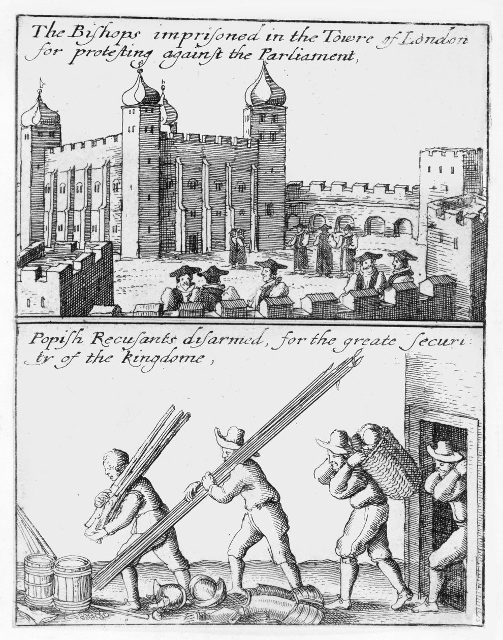 Évêques emprisonnés à la Tour de Londres ; réfractaires papistes désarmés - Wenceslaus Hollar