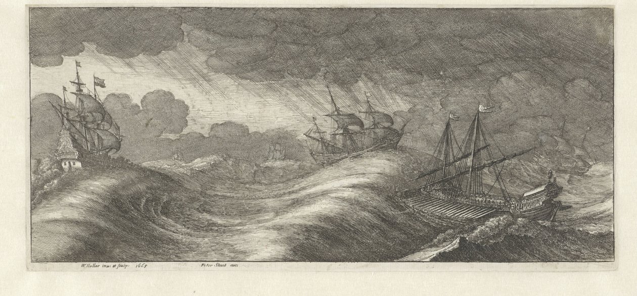 Galère et autres navires dans une tempête en mer - Wenceslaus Hollar