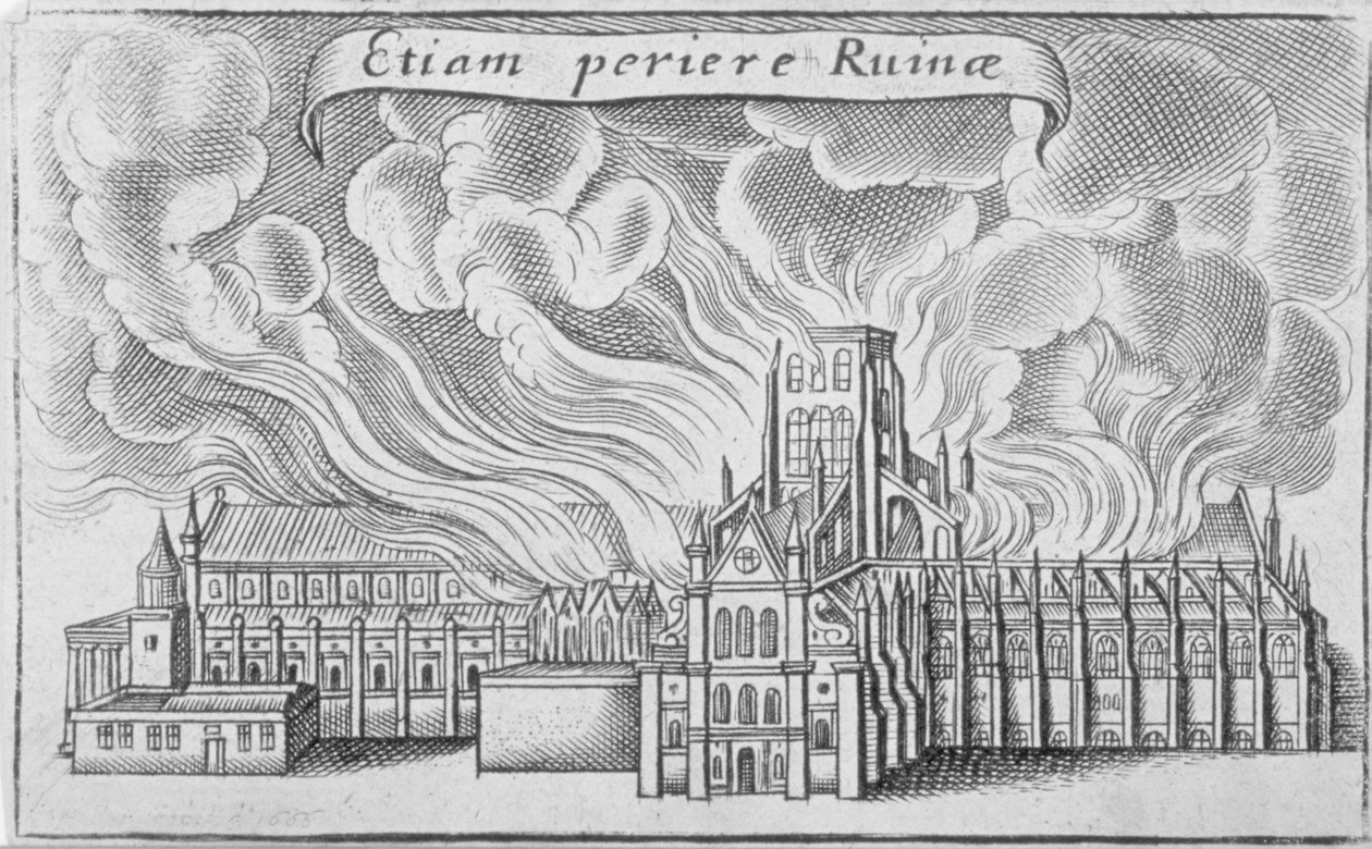 Ancienne cathédrale Saint-Paul brûlant dans le grand incendie de Londres, 1666 - Wenceslaus Hollar