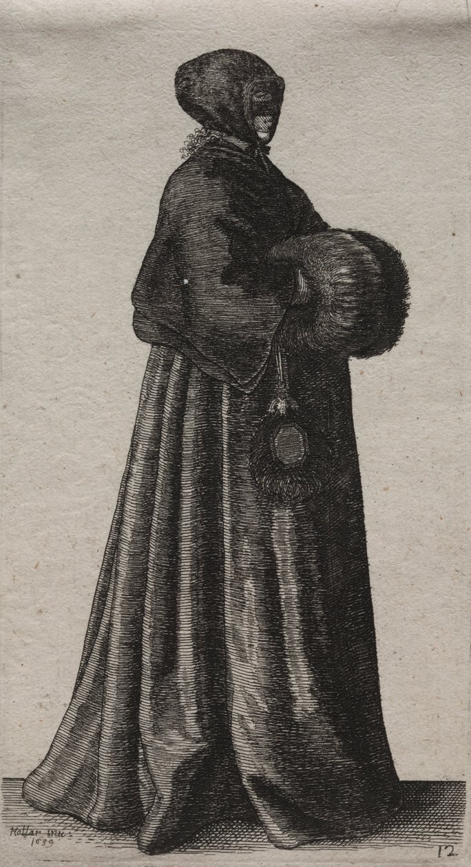 Les Diverses Habitudes des Femmes Anglaises, de la Noblesse aux Femmes de la Campagne : La Femme avec un Masque, une Capuche et un Manchon - Wenceslaus Hollar