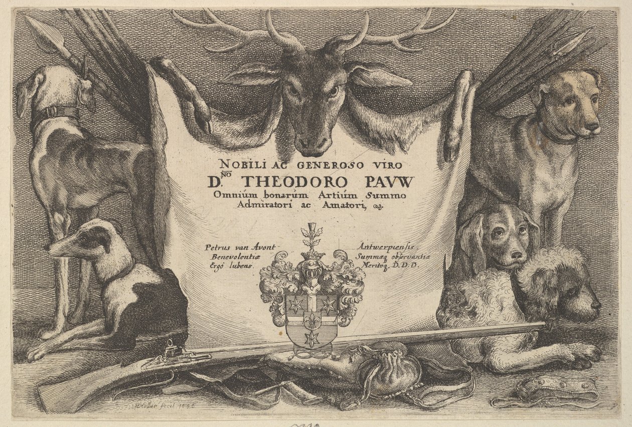 Page de titre avec chiens et équipement de chasse, 1646 - Wenceslaus Hollar